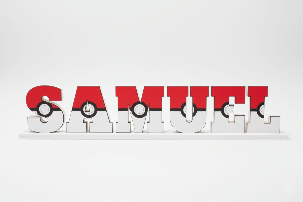 Nombre Samuel estilo Pokemon en madera – muestra del curso